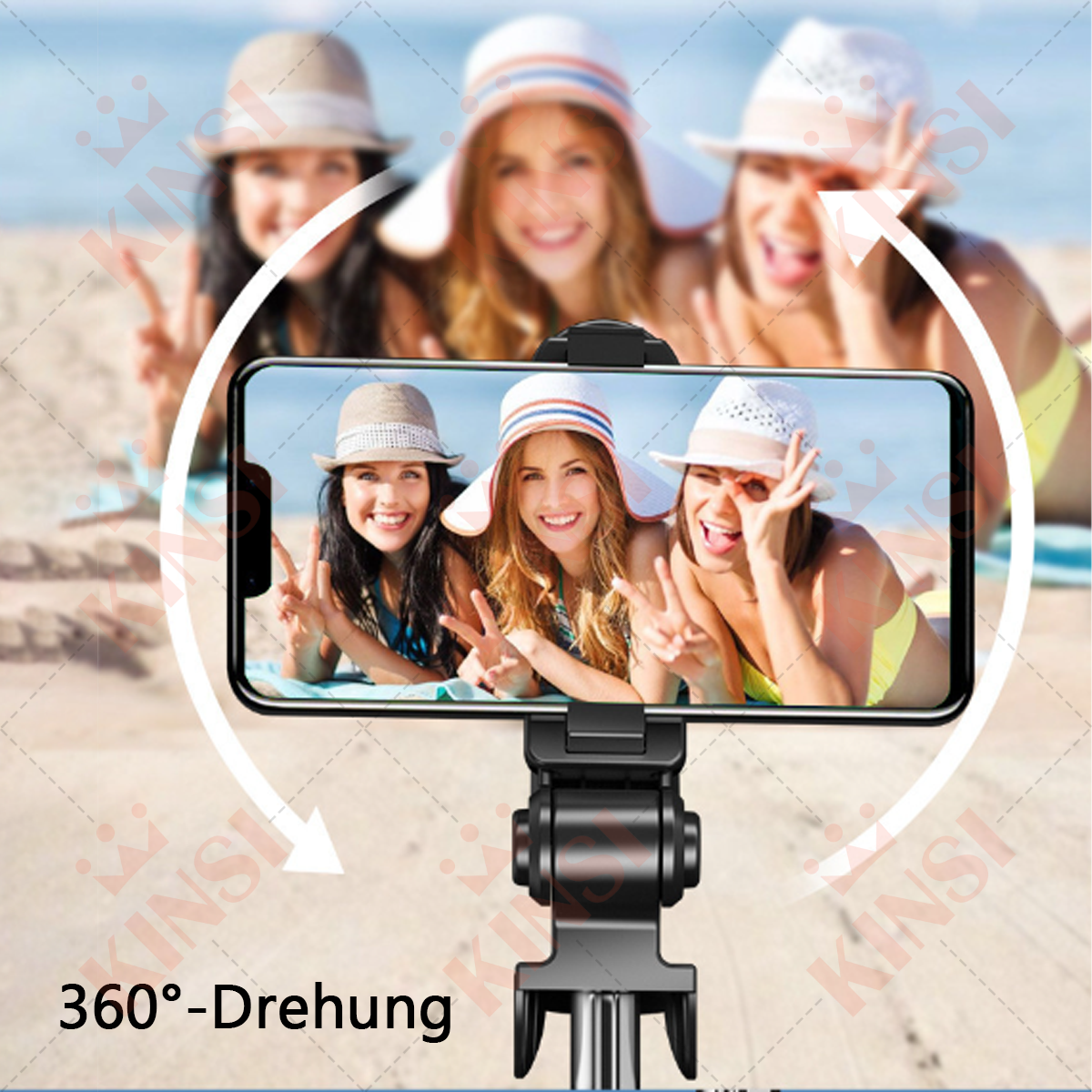 Drei Frauen machen ein Selfie mit einem Telefon an einem Selfie-Stick. Text: '360° Drehung'.