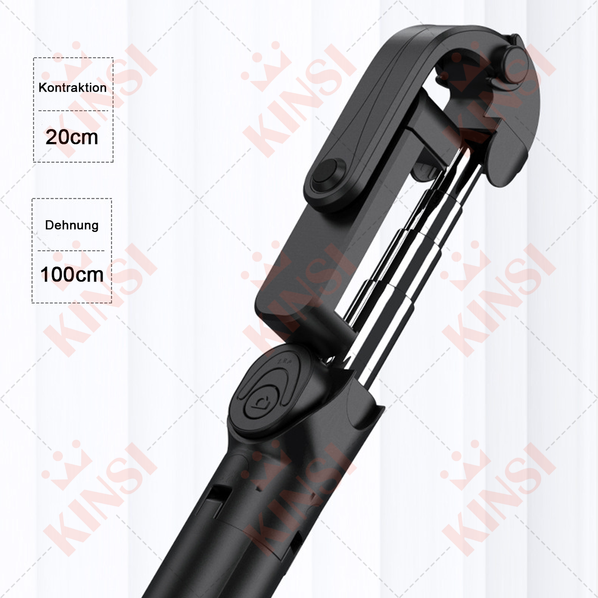 Schwarzer Selfie-Stick mit KINSI-Logo. Er hat Messungen, die Kontraktion und Ausdehnung anzeigen.