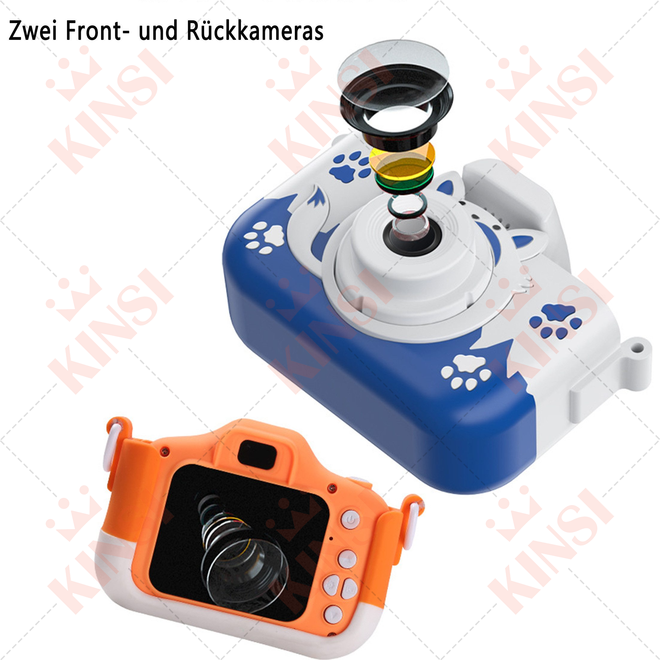 Zwei Spielzeugkameras, eine offen, eine mit explodierten Teilen für Innenausstattung.
