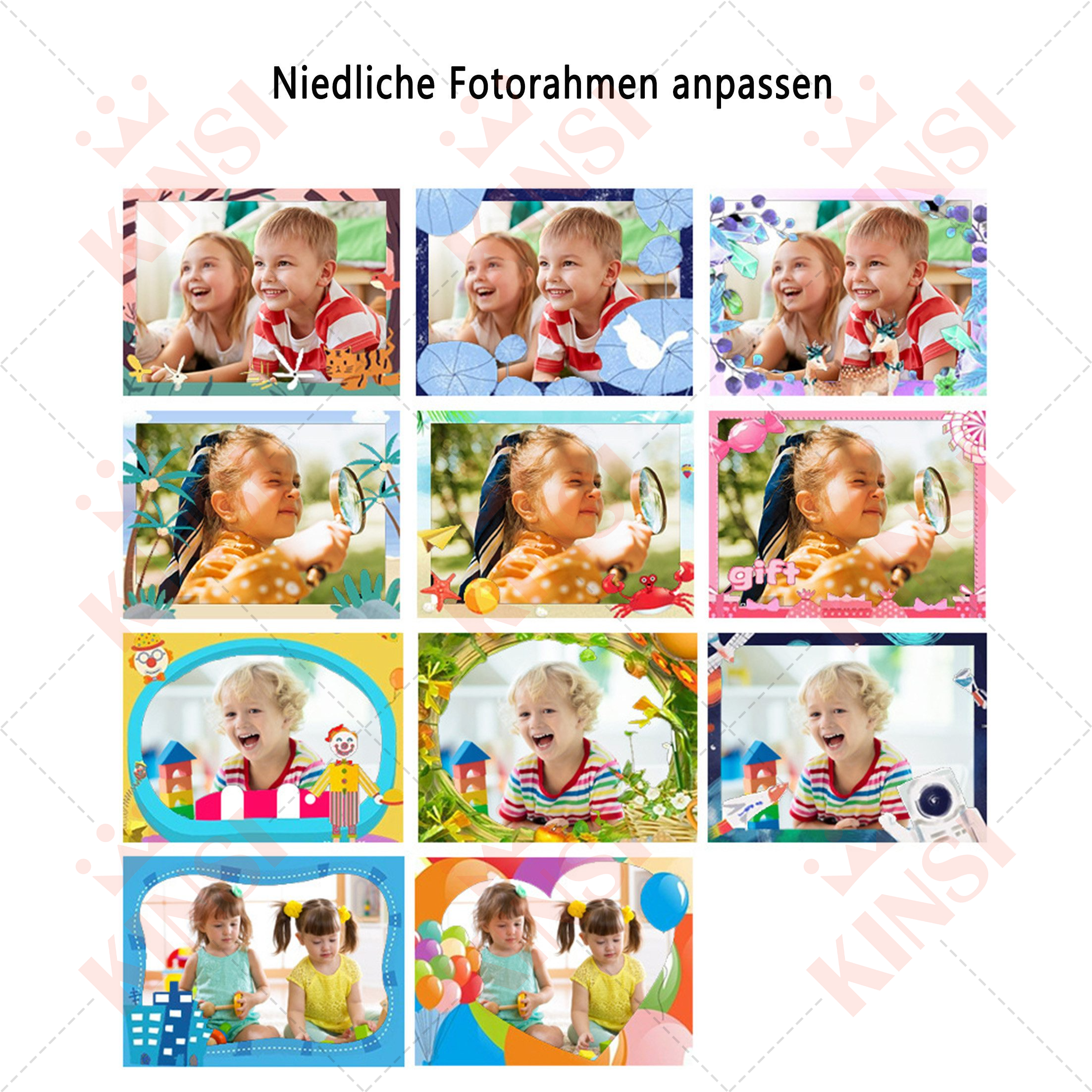 Eine Collage von farbenfrohen Bilderrahmen mit Kinderbildern auf weißem Hintergrund.