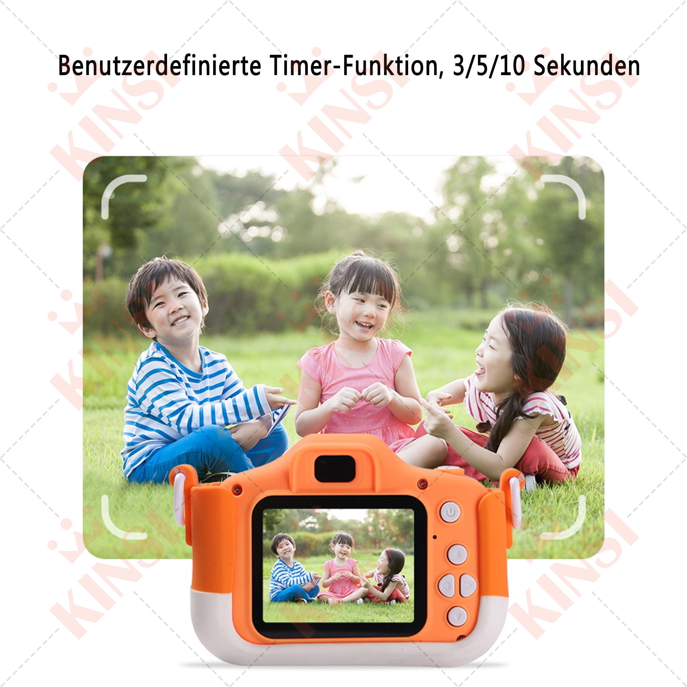 Eine Kinderkamera mit drei Kindern auf dem Bildschirm. Die Kamera ist orange und weiß.