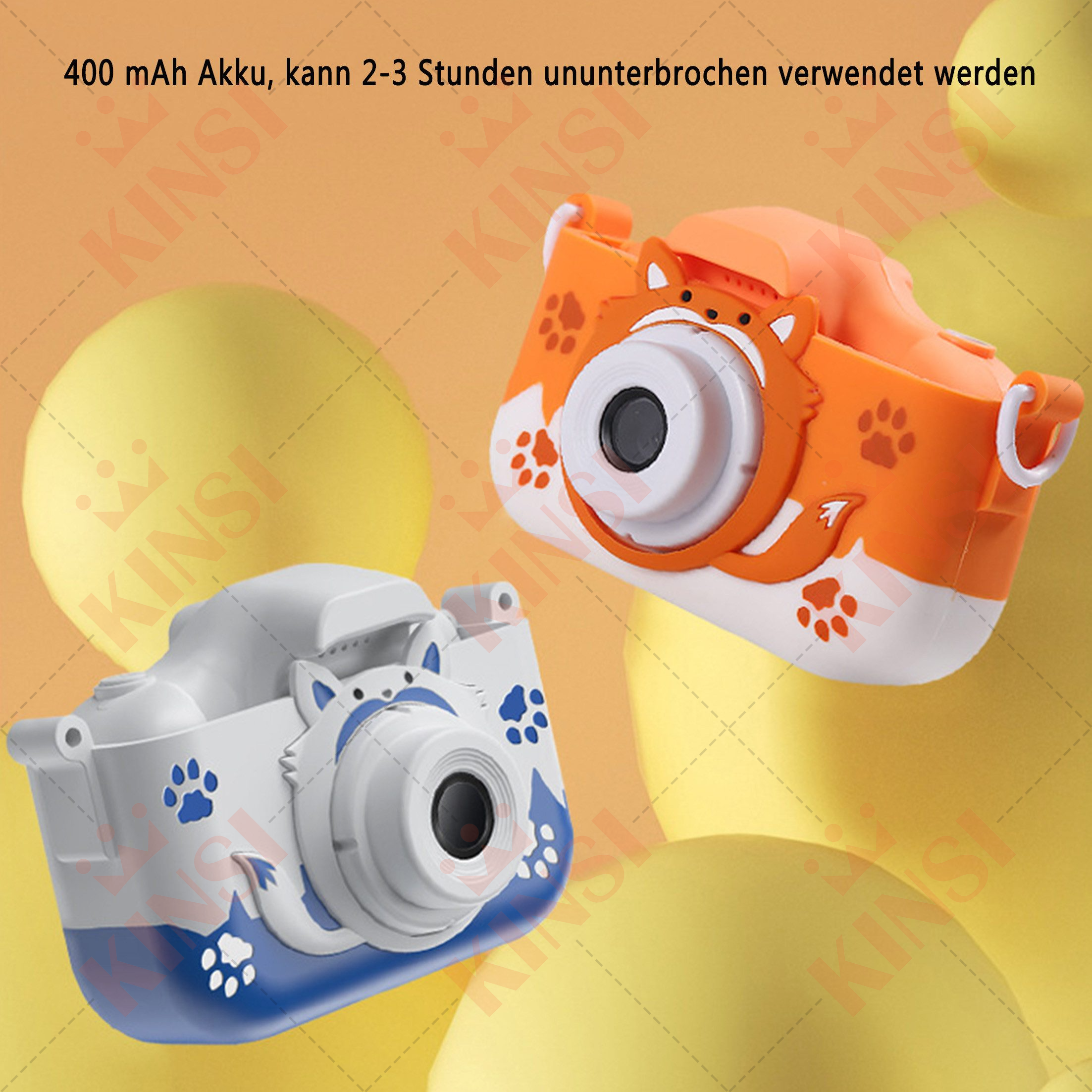 Zwei orange und weiße Spielzeugkameras mit gelbem Hintergrund, Text auf Deutsch.