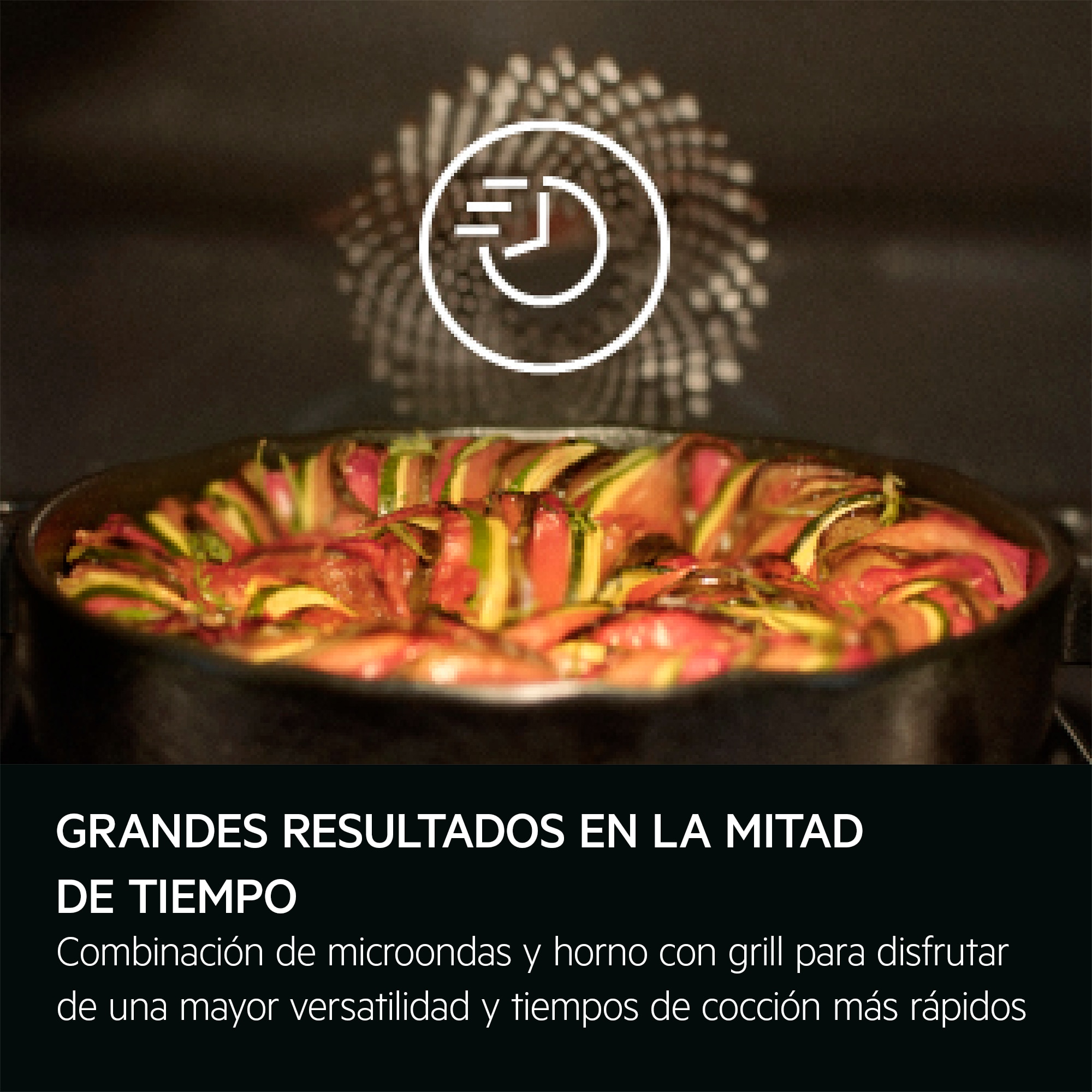 Plato de comida con un icono de temporizador. Texto: 'Grandes resultados en la mitad de tiempo'.