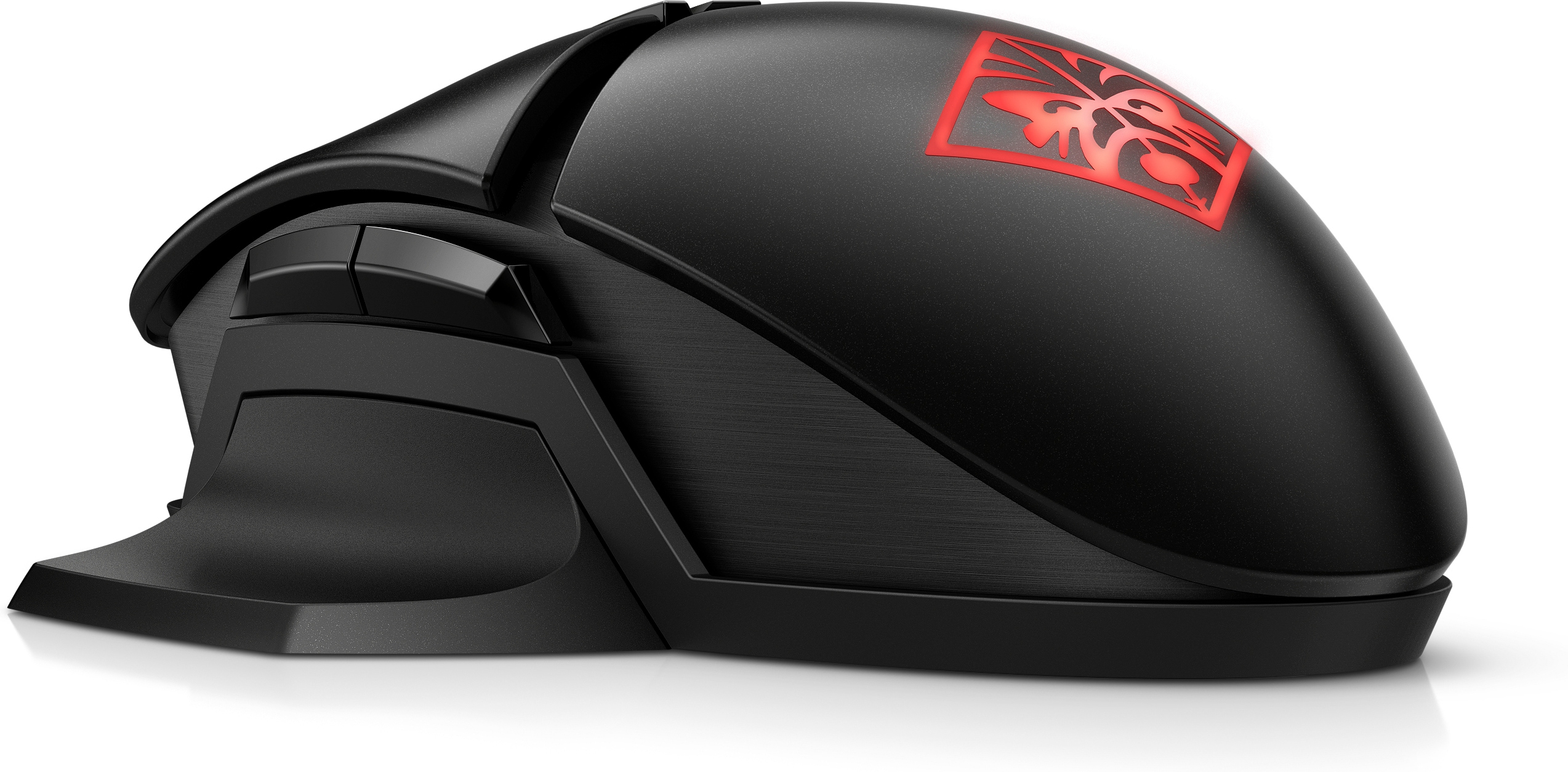 Ratón gaming OMEN negro con logo rojo, botones laterales y diseño elegante.