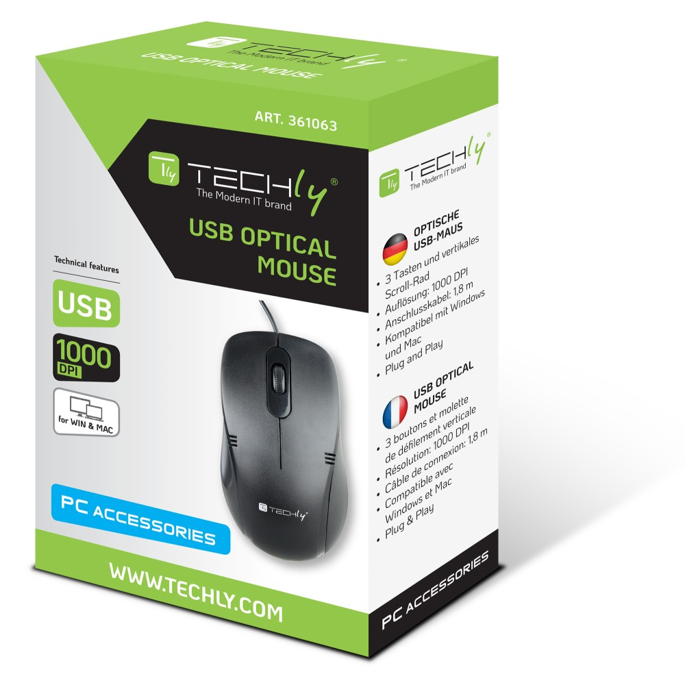 Un mouse ottico USB nero in una scatola con testo e grafica.