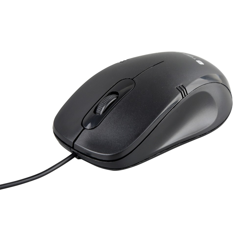 Mouse per computer nero. Rotella di scorrimento e due pulsanti. Cavo collegato. Sfondo bianco semplice.