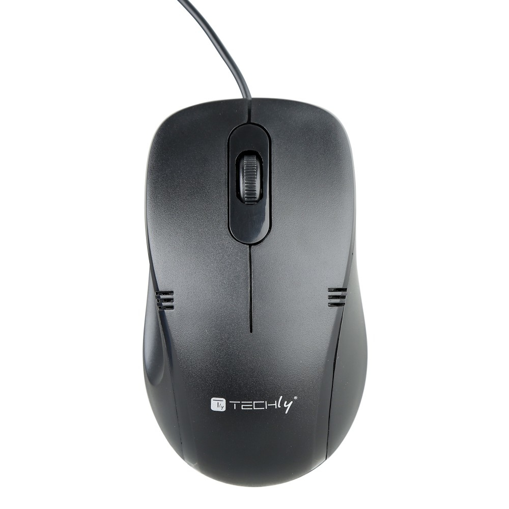 Un mouse per computer nero con connessione cablata, vista dall'alto, che mostra la rotella e i pulsanti.