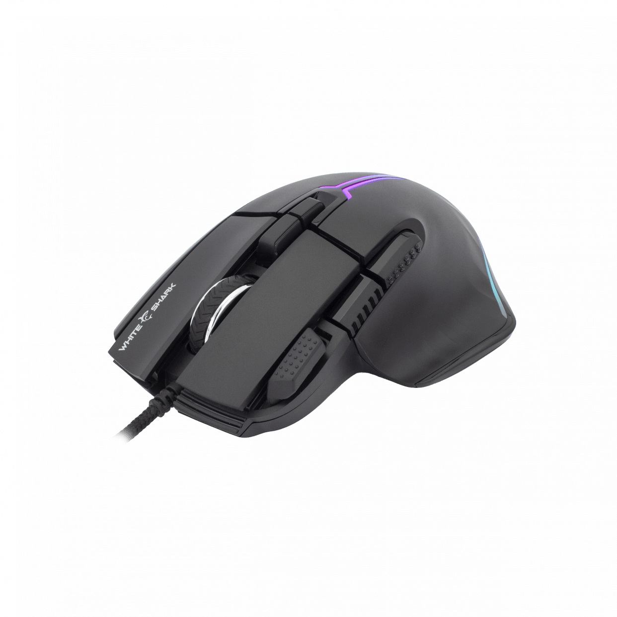 Ratón gaming negro con botones y luces LED.