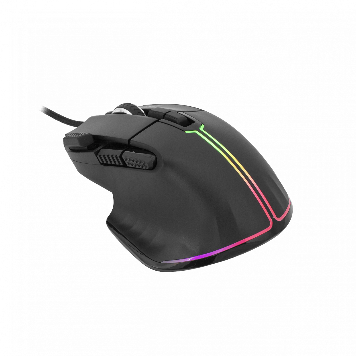 Ratón gaming negro con luces RGB. Tiene botones laterales. El ratón sobre fondo blanco.