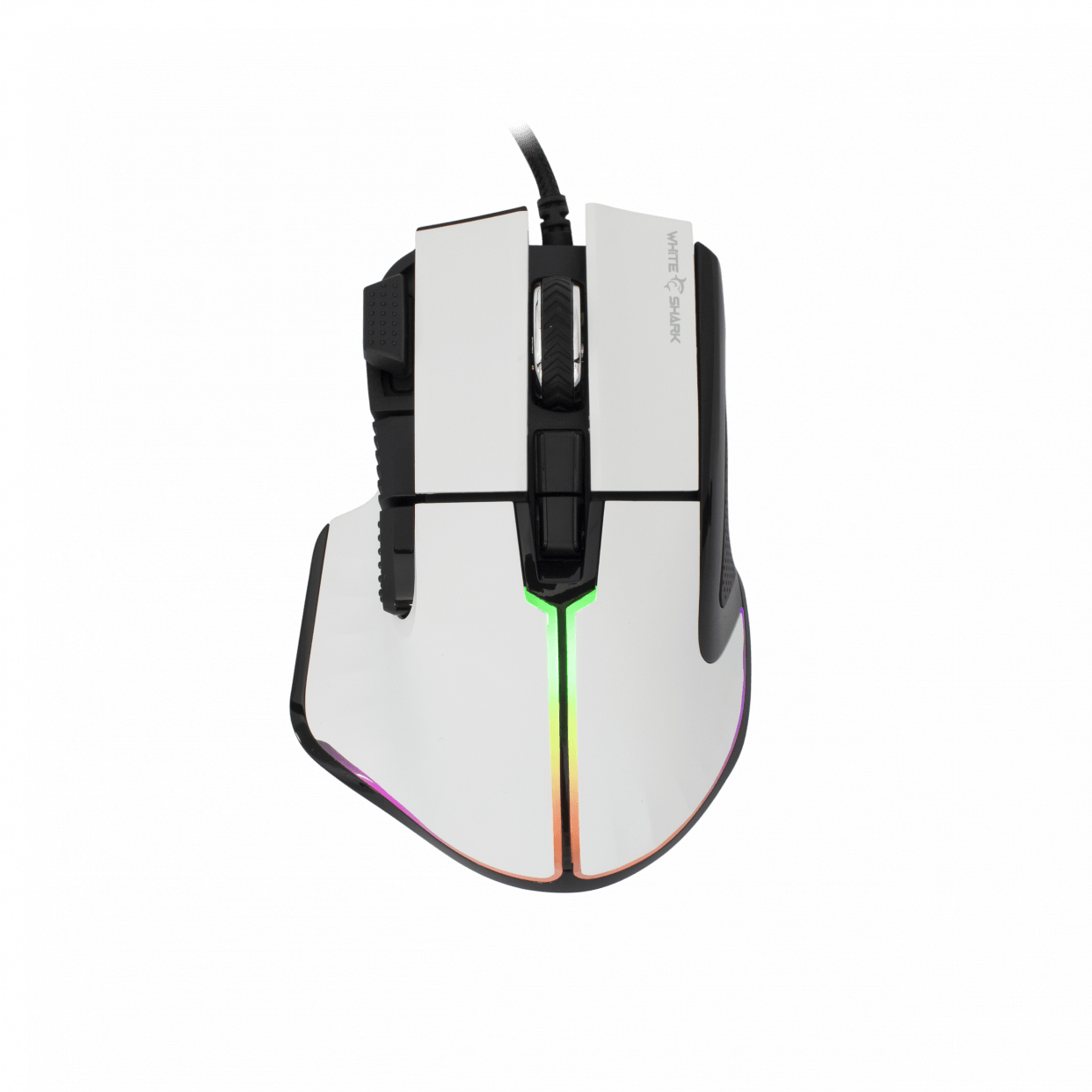 Mouse da gaming bianco con dettagli neri e striscia luminosa arcobaleno, vista dall'alto.