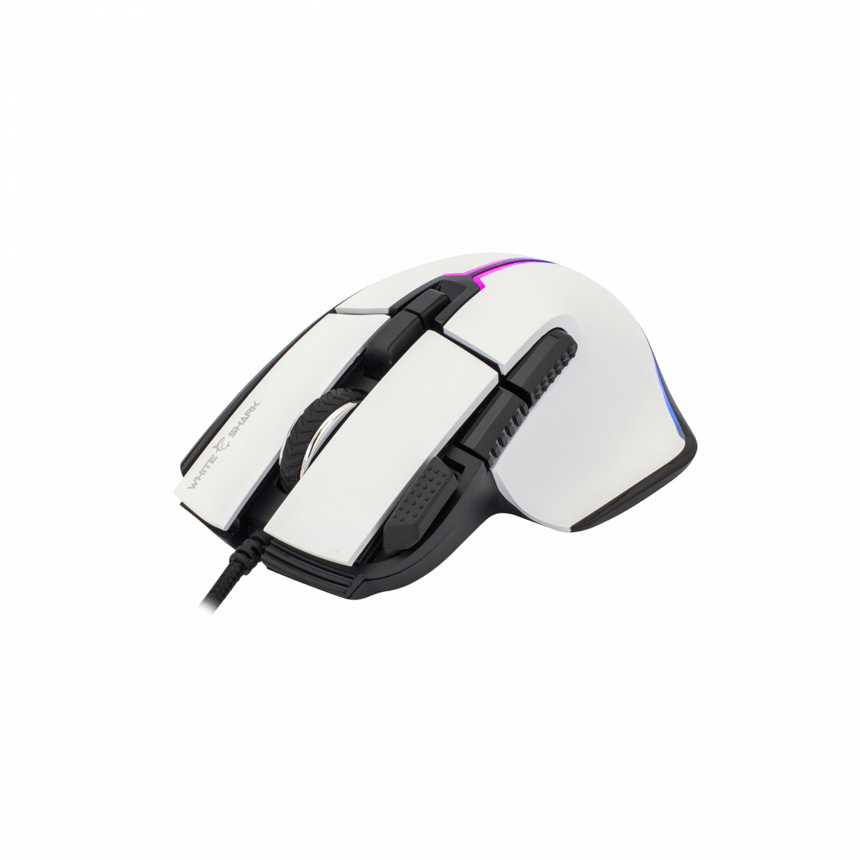 Mouse da gioco bianco e nero. Molteplici pulsanti e rotella di scorrimento. Logo White Shark visibile.