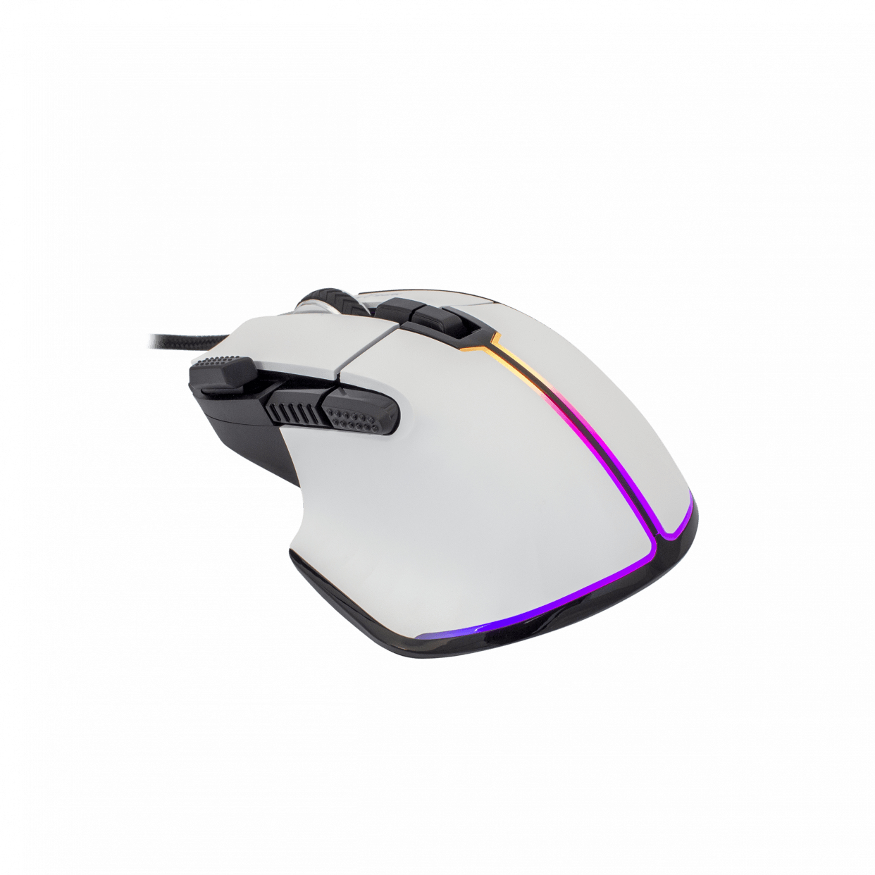 Mouse da gioco bianco con accenti di luce colorati e dettagli neri.