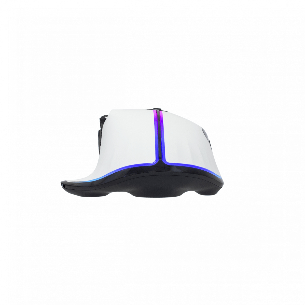 Mouse da gaming bianco con luci blu e viola. Base nera e parte superiore bianca.