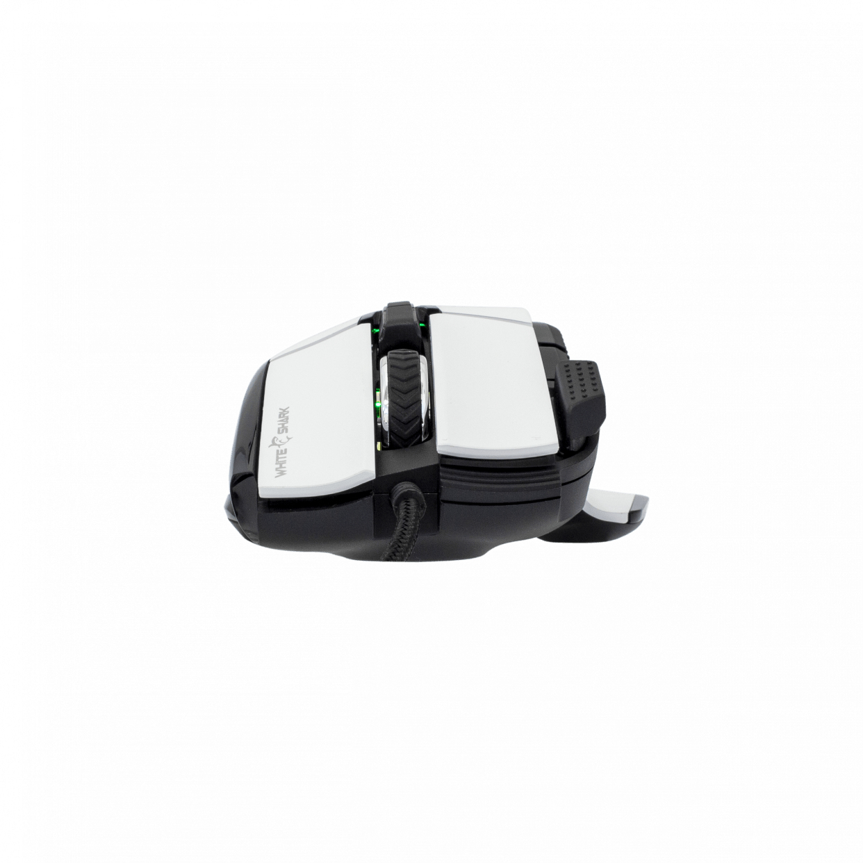 Mouse da gioco bianco e nero. Vista laterale. Mostra pulsanti, rotella e cavo intrecciato.