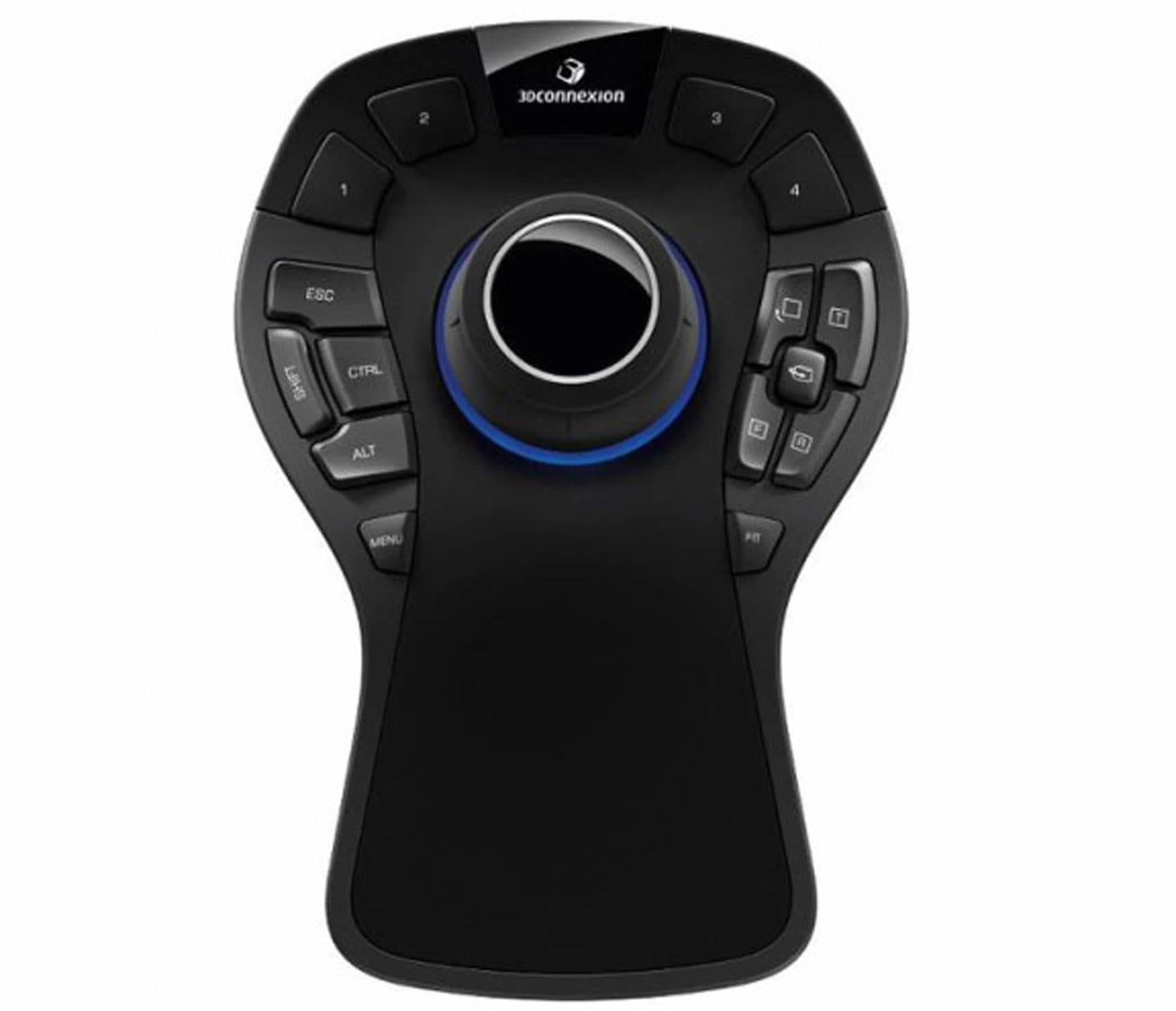 Mouse 3Dconnexion nero con pulsanti e rotella. Ha un design ergonomico unico.