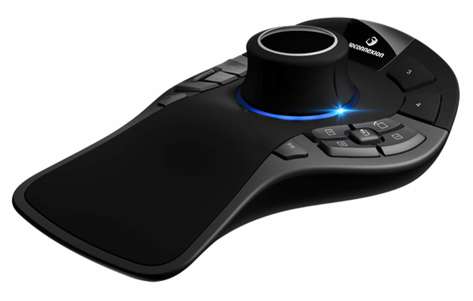 Mouse 3Dconnexion nero con pulsanti multipli e un controllo circolare centrale. Sfondo bianco.
