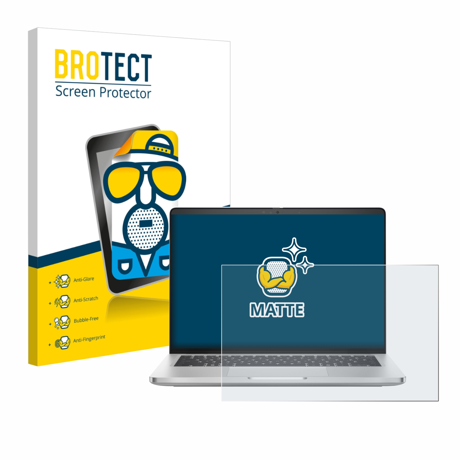 Eine Laptop-Bildschirmschutzfolie und eine Box. Die Box hat eine Cartoon von einer Person mit Sonnenbrille.