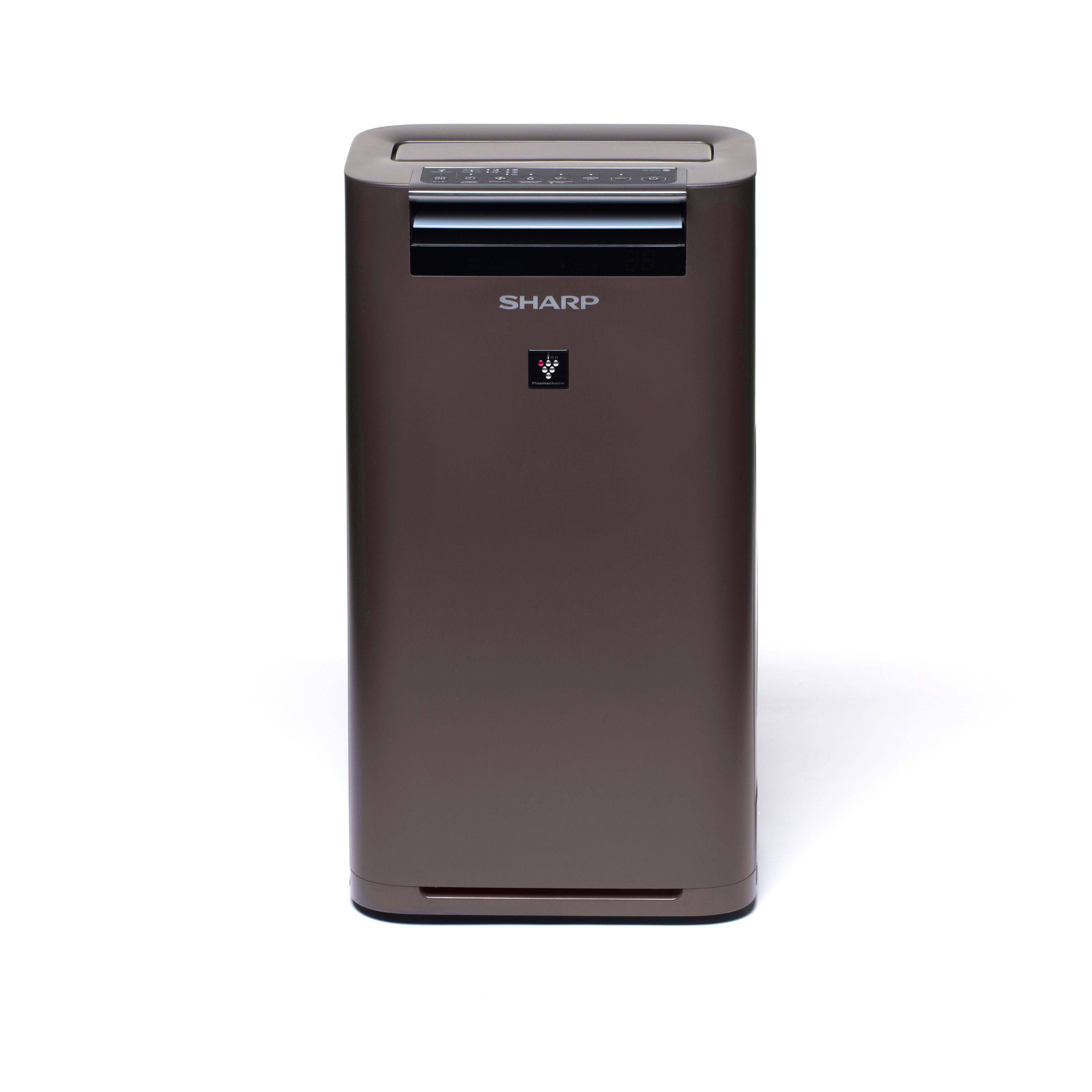 Purificador de aire Sharp marrón. Forma alta, rectangular. Panel de control en la parte superior.