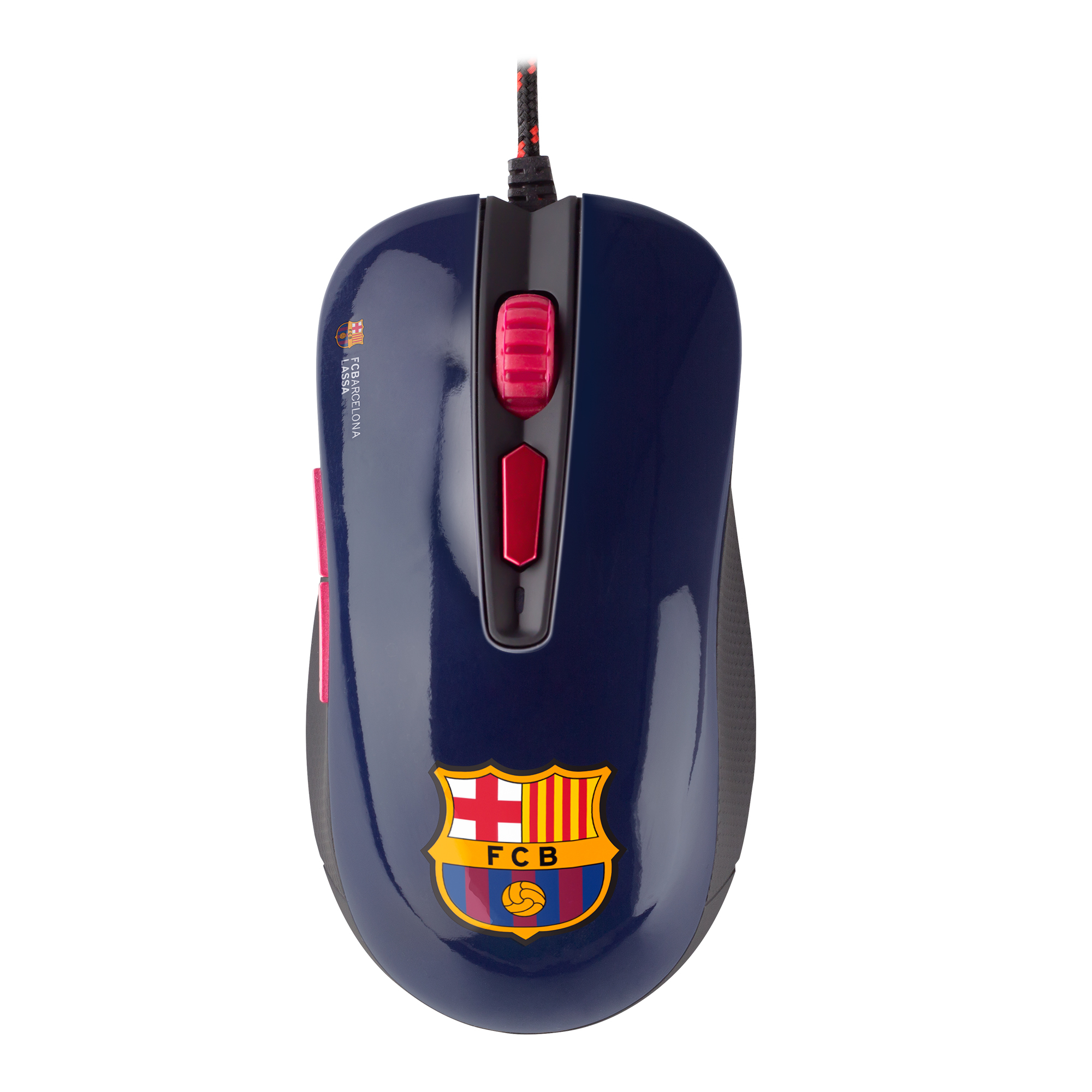 Mouse da gioco blu e rosso del Barcellona con logo FCB e cavo. Sfondo bianco.