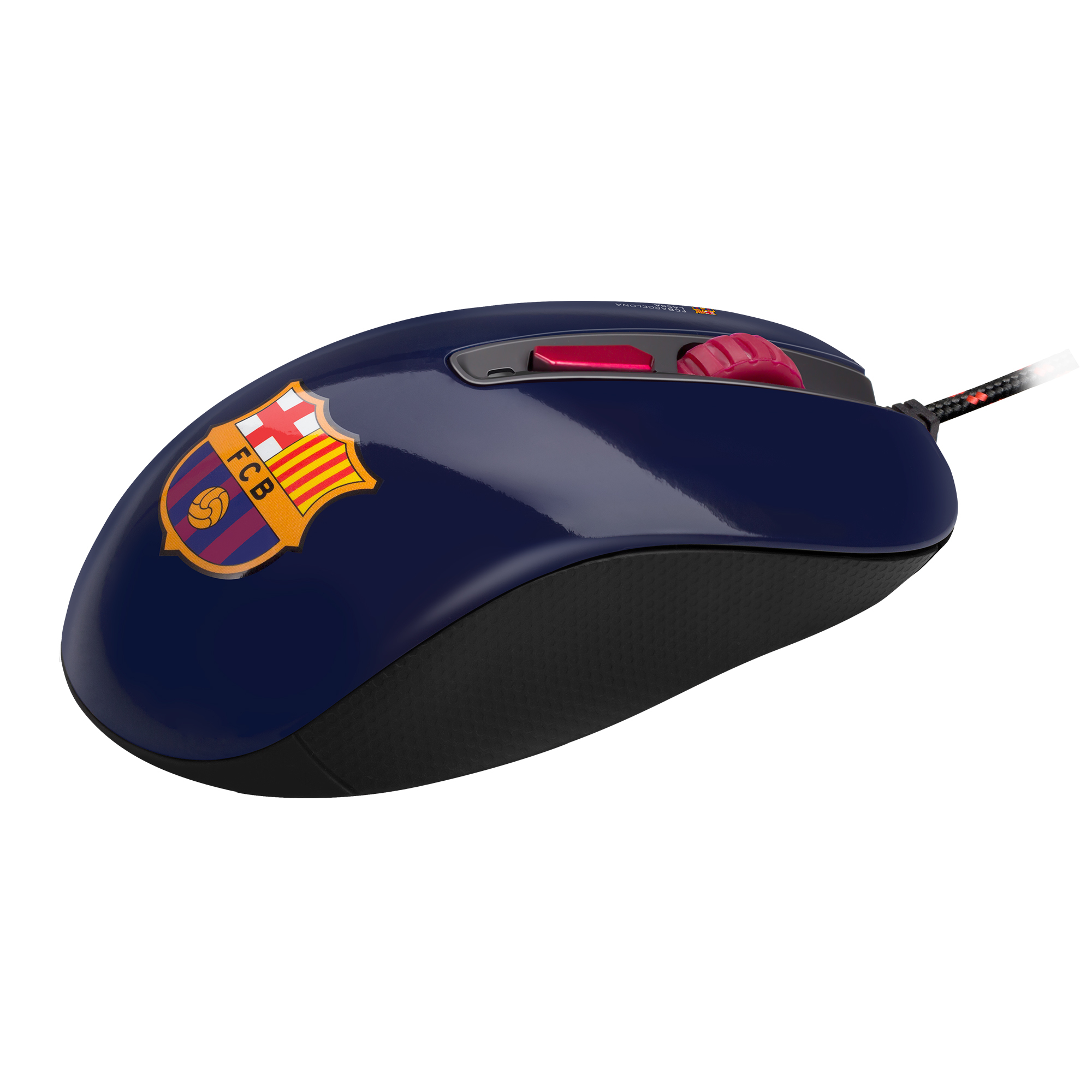 Un mouse per computer blu scuro con il logo dell'FC Barcelona. Il mouse ha un pulsante rosso.