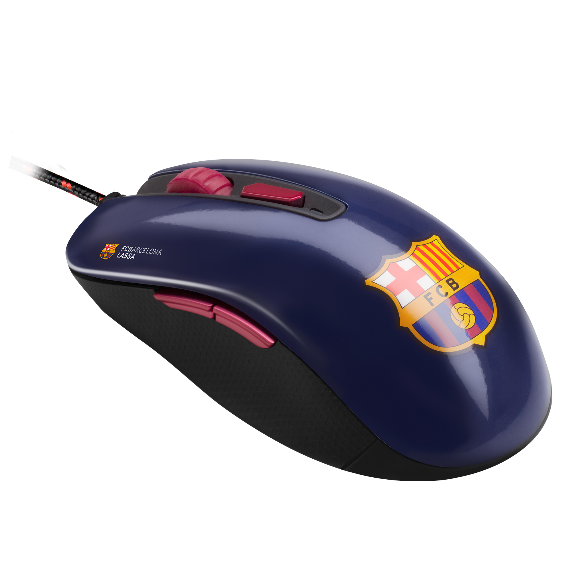 Mouse gaming blu e nero con logo FC Barcelona. Pulsanti e cavo rosa.