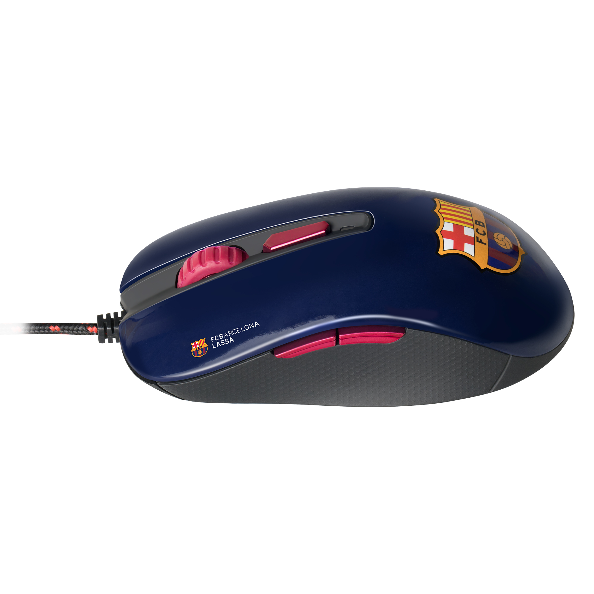 Mouse blu scuro con logo FC Barcelona. Pulsanti rossi, su sfondo bianco.