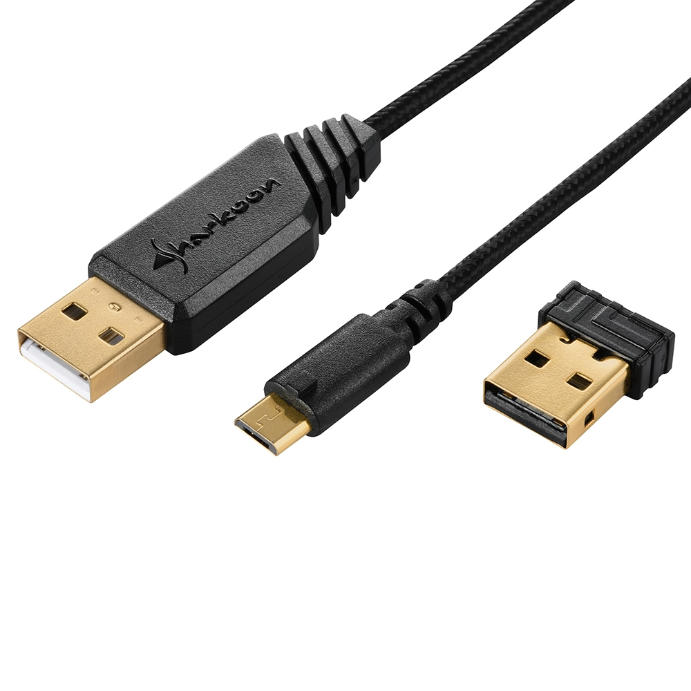 Drei USB-Kabel mit Anschlüssen. Schwarz, Gold und Silber.