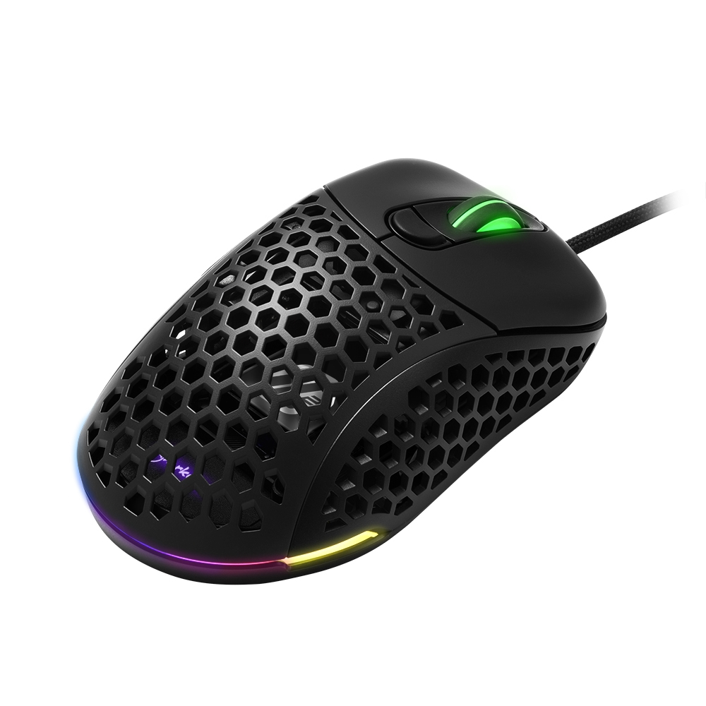 Ratón negro de panal con luces LED. Tiene rueda y dos botones. El diseño es futurista.