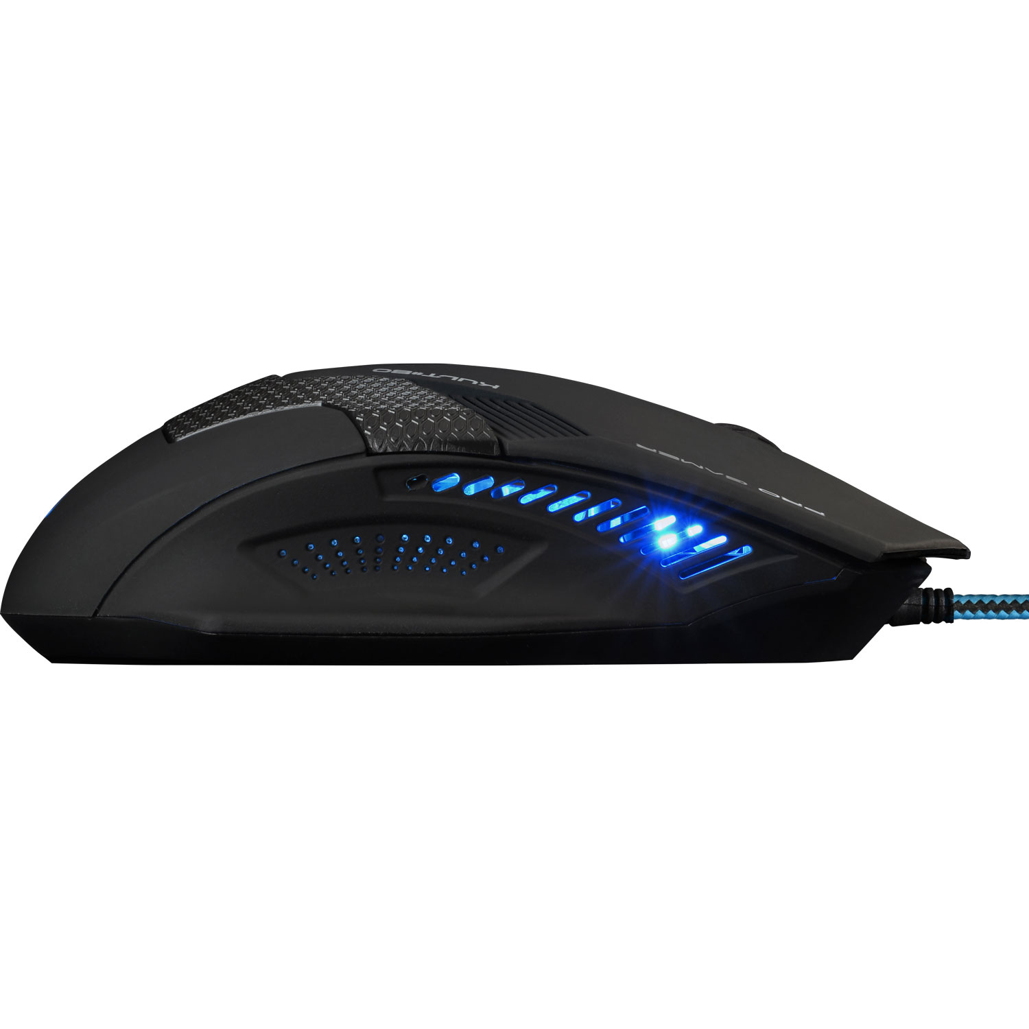 Mouse da gaming nero con luci blu e design testurizzato. Vista laterale.