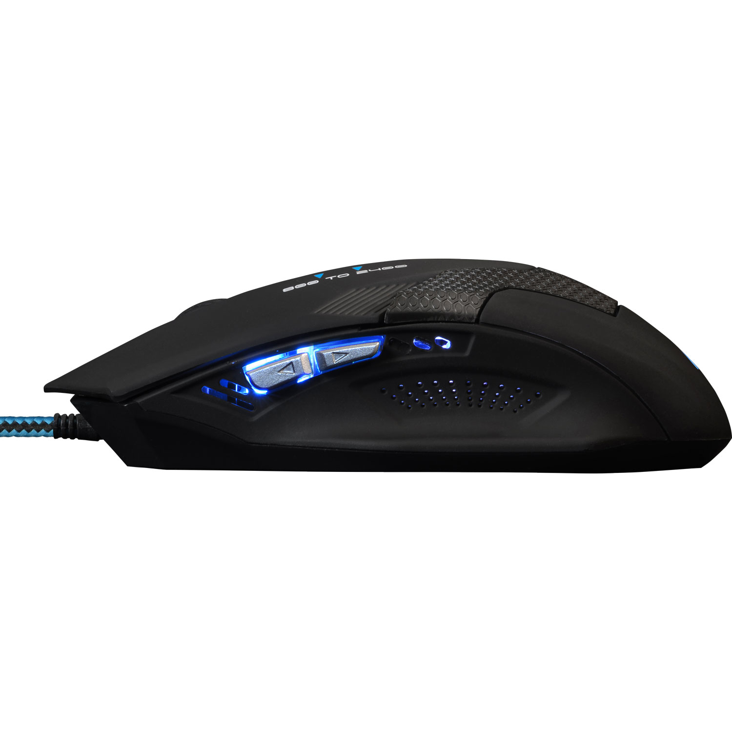Mouse da gioco nero con luci blu, pulsanti e cavo.