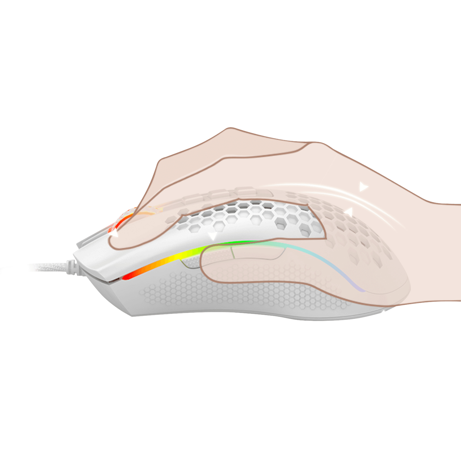 Biała mysz do gier z tęczowymi diodami LED, trzymana w dłoni.