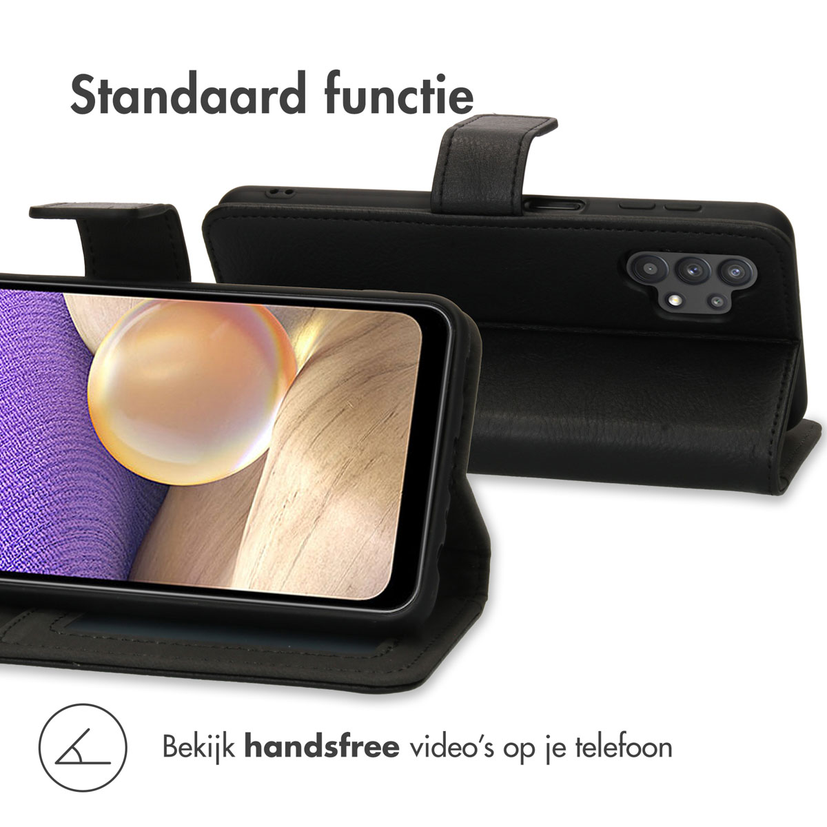Étui de téléphone noir avec un téléphone affichant un écran.