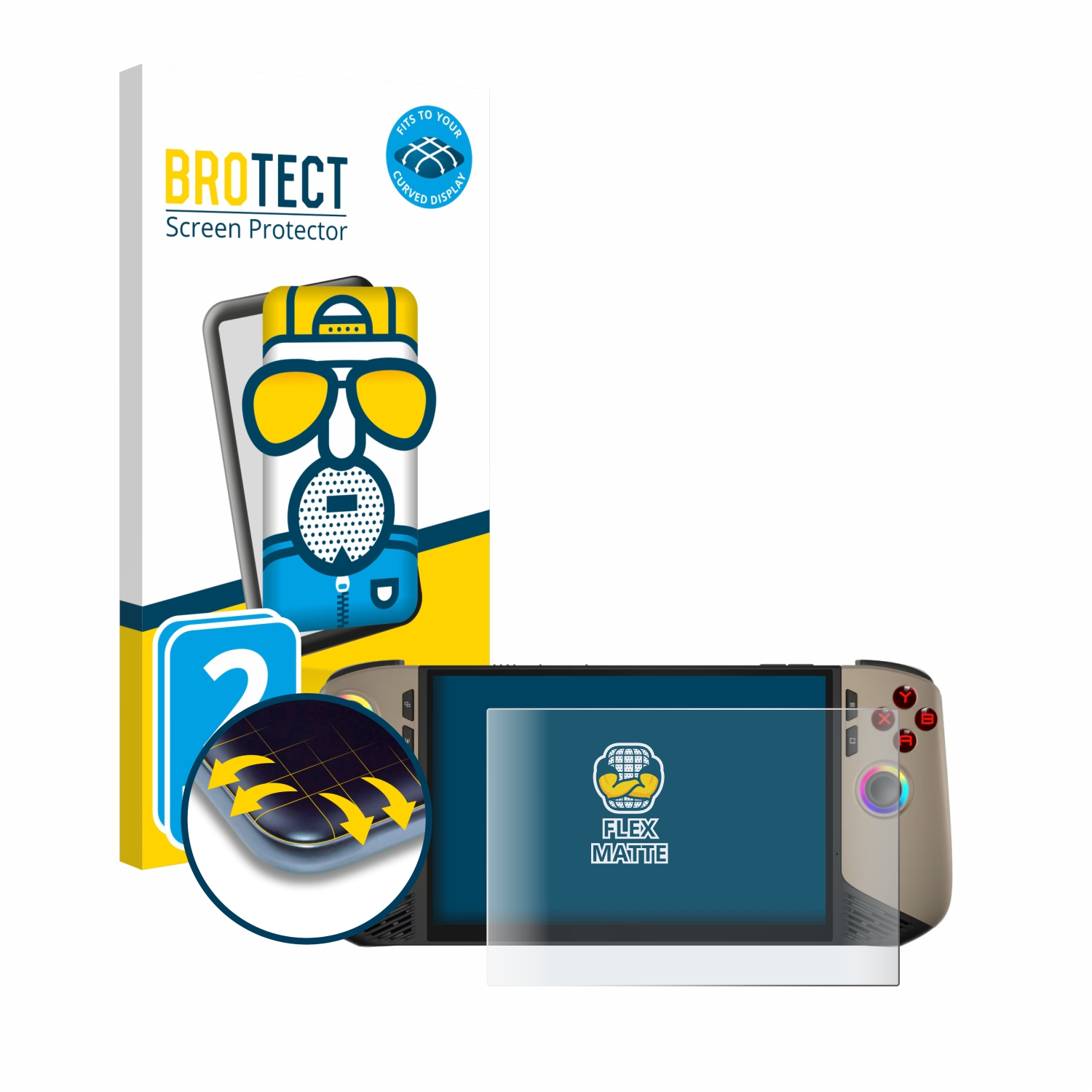 Eine Displayschutzfolien-Packung mit einer Spielekonsole und einer Displayschutzfolie. Weißer Hintergrund.
