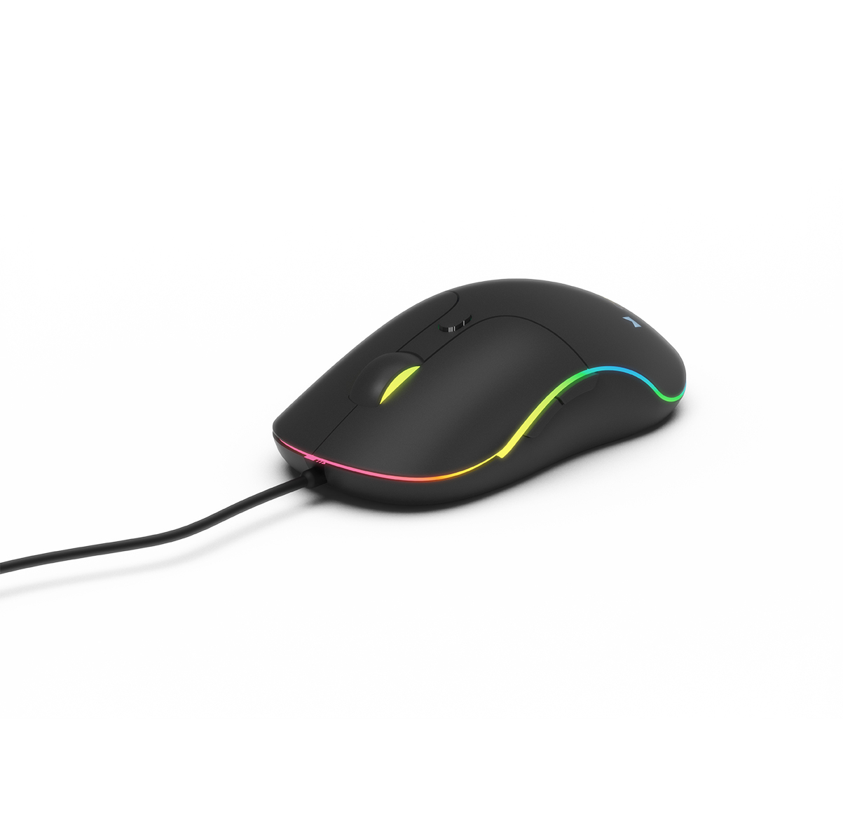 Black gaming mouse, side view, with colored lights, on a white background.