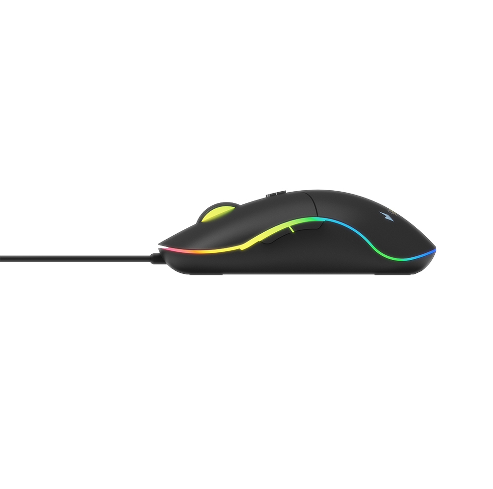 Black mouse, rainbow lights on the edge. The mouse has a sleek design. Black cable.