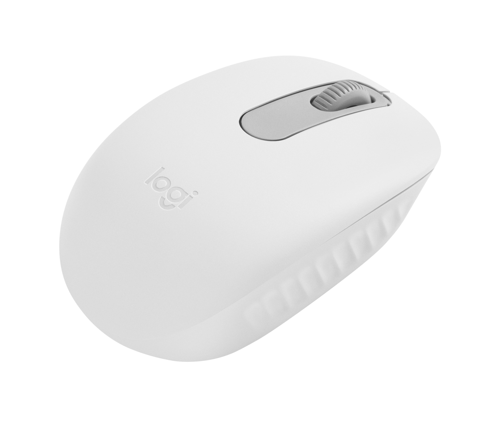Souris Logitech blanche avec molette grise, vue de dessus, sur fond blanc.