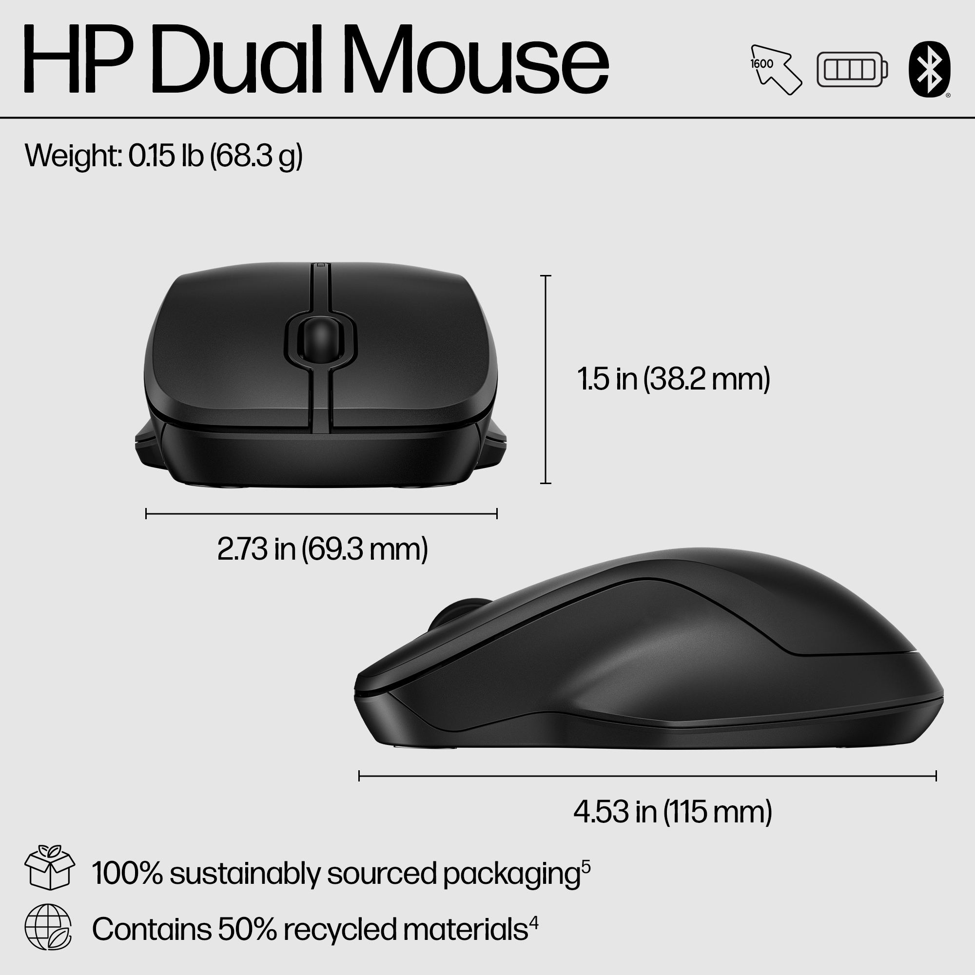HP Dual Mouse nera, dimensioni e informazioni sull'imballaggio sostenibile. Vengono mostrati due mouse.