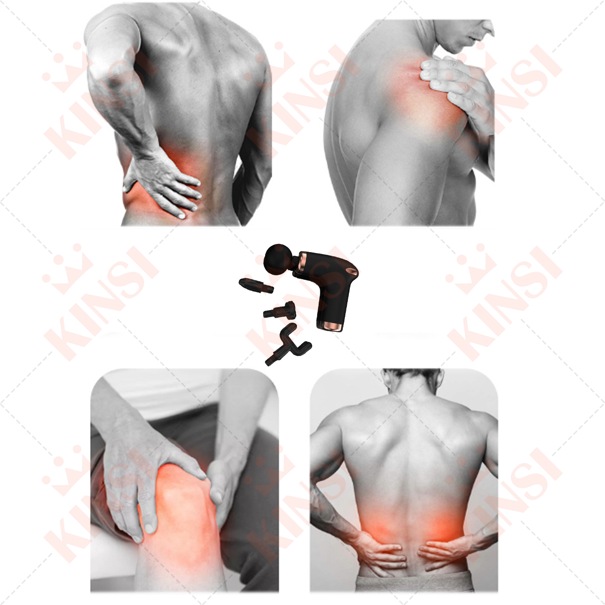 Bilder einer Massagepistole und Schmerzbereiche, einschließlich Rücken, Schulter und Knie.