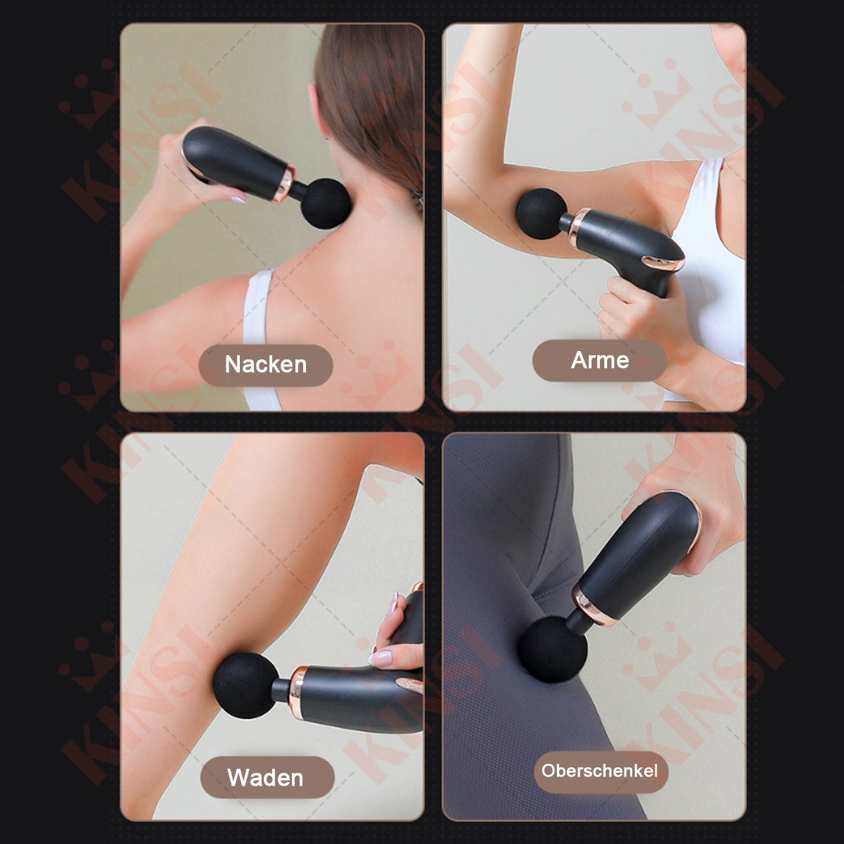 Vier Bilder zeigen eine Massagepistole auf Rücken, Arm, Wade und Oberschenkel.