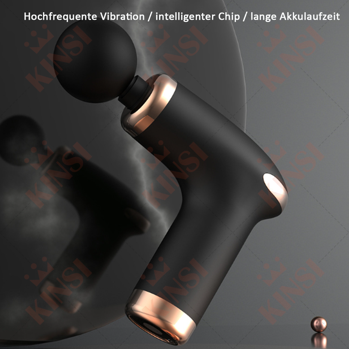 Eine schwarz-goldene Massagepistole mit Text. Schwarzes Massagegerät mit schwarzem Kopf.