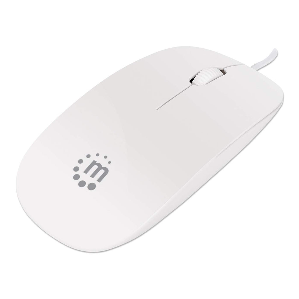 Mouse bianco con logo di tre punti e una linea, su sfondo bianco.