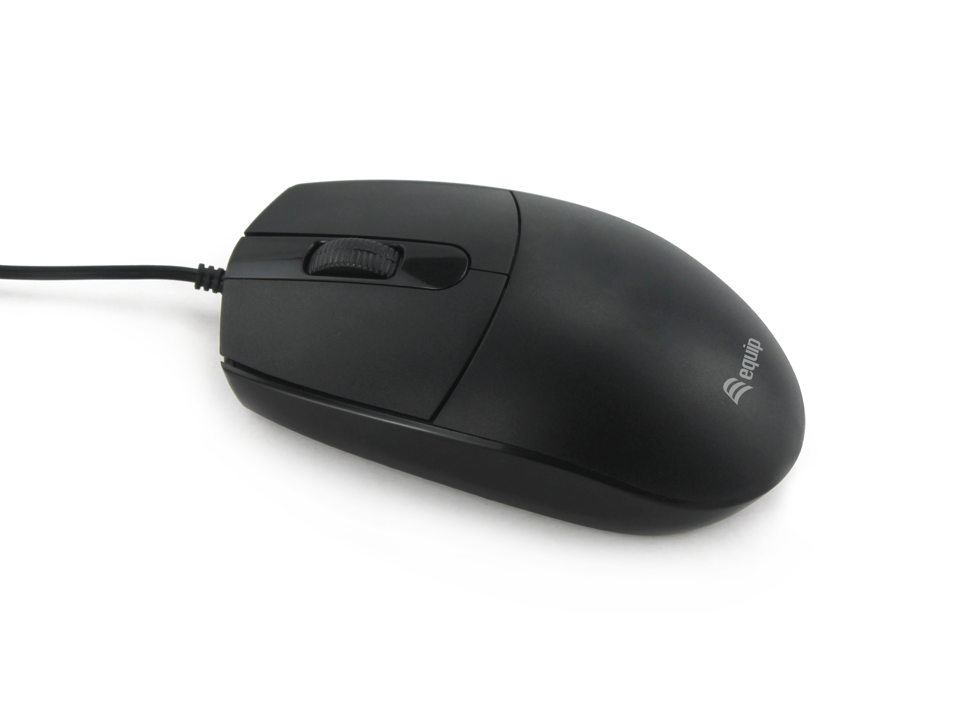 Black computer mouse with a black cable. The brand is equip.