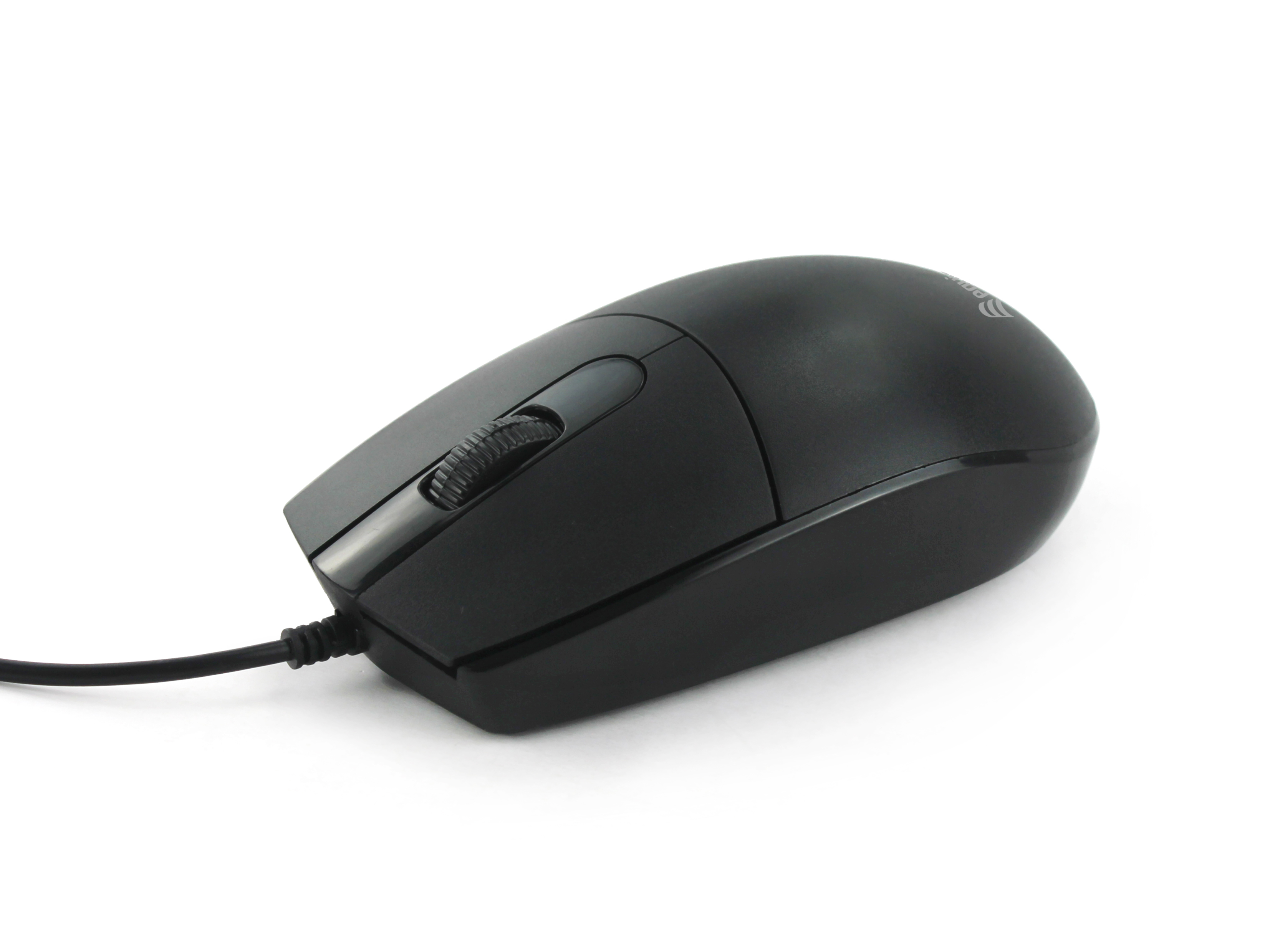 Black computer mouse with a scroll wheel, side buttons, and a connected black cable on white background.