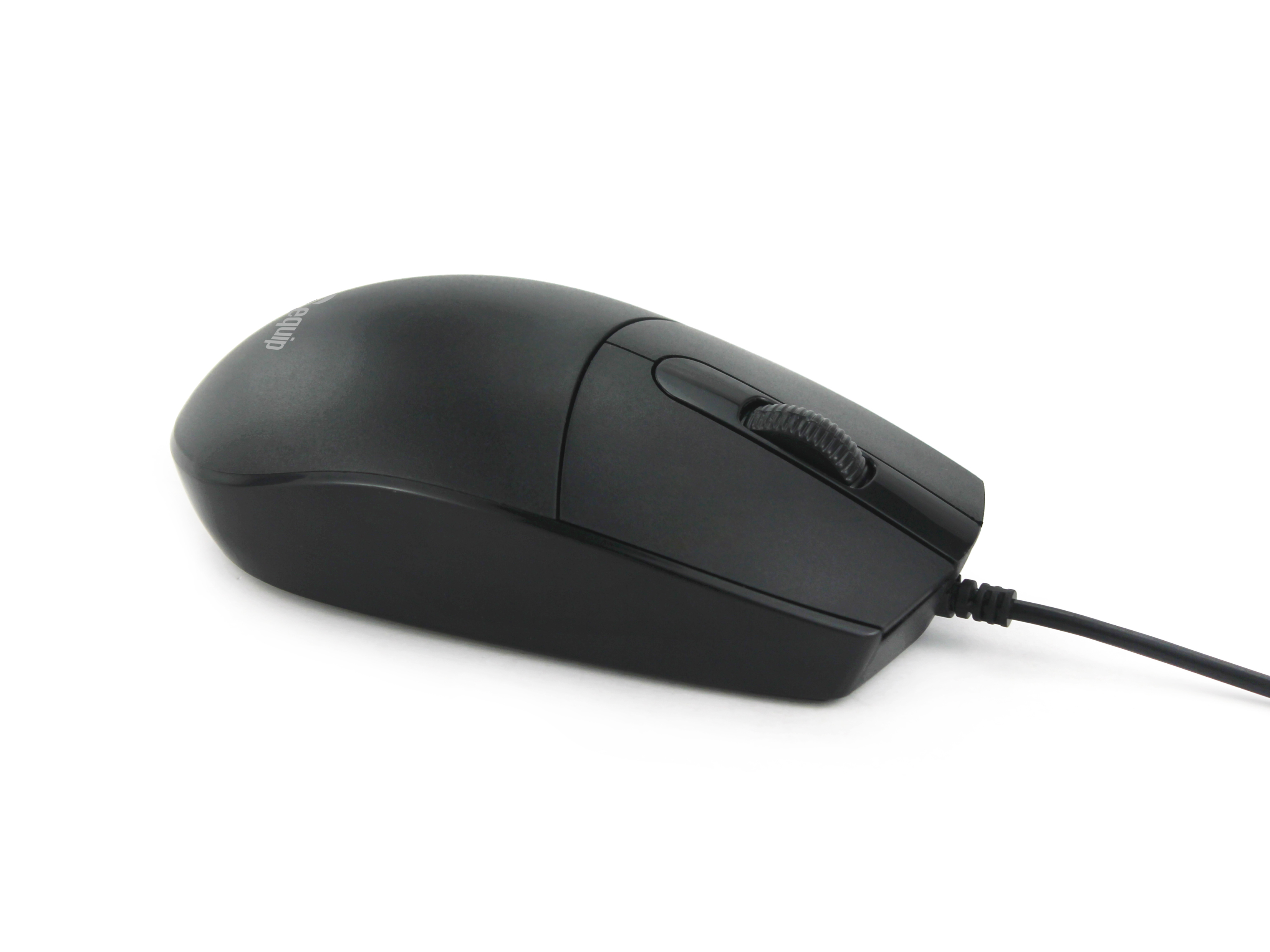 A black computer mouse with a wired connection, angled view from the side, against a white background.