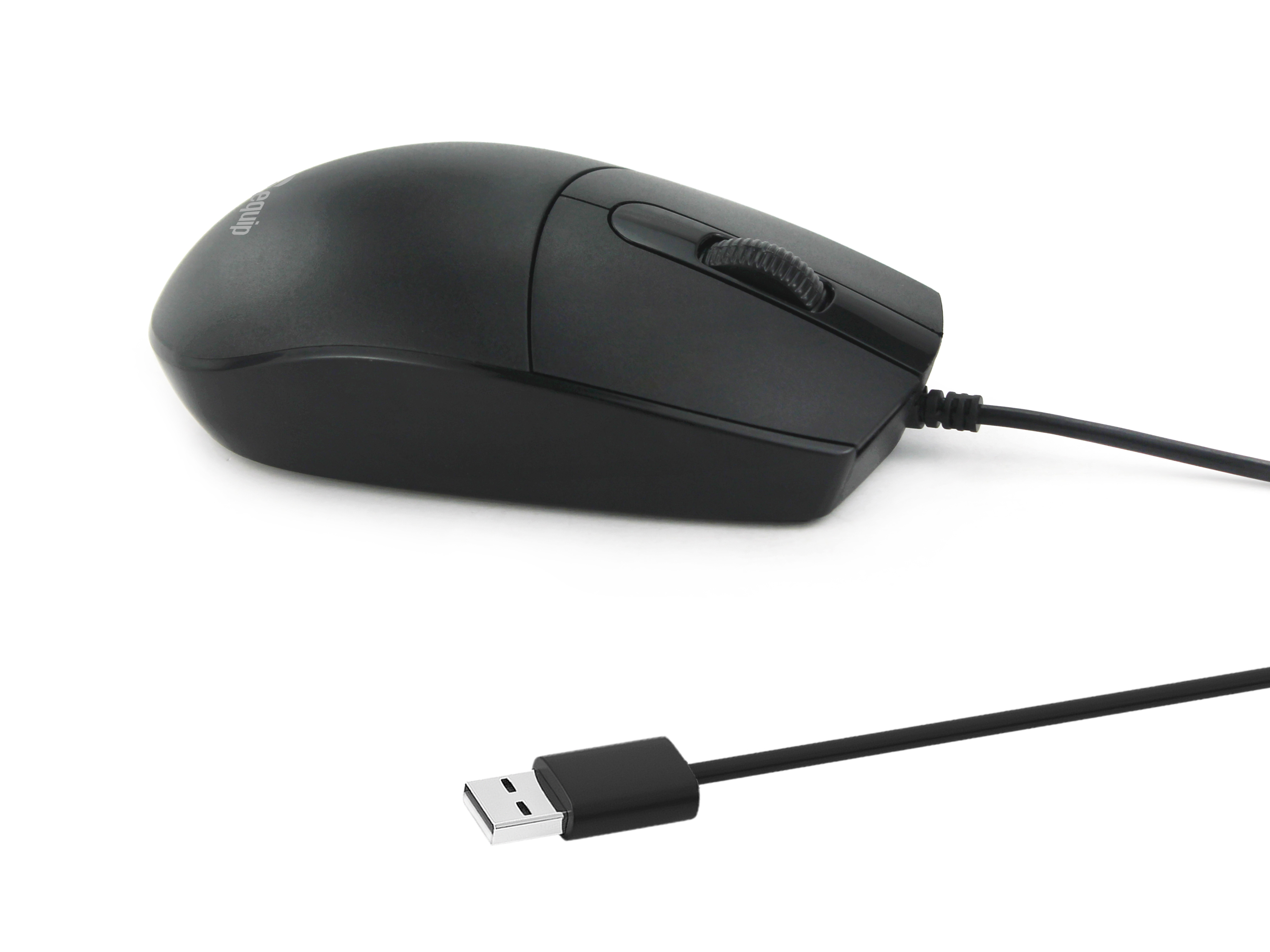 A black mouse with a USB connector. The mouse has a scroll wheel and standard buttons.