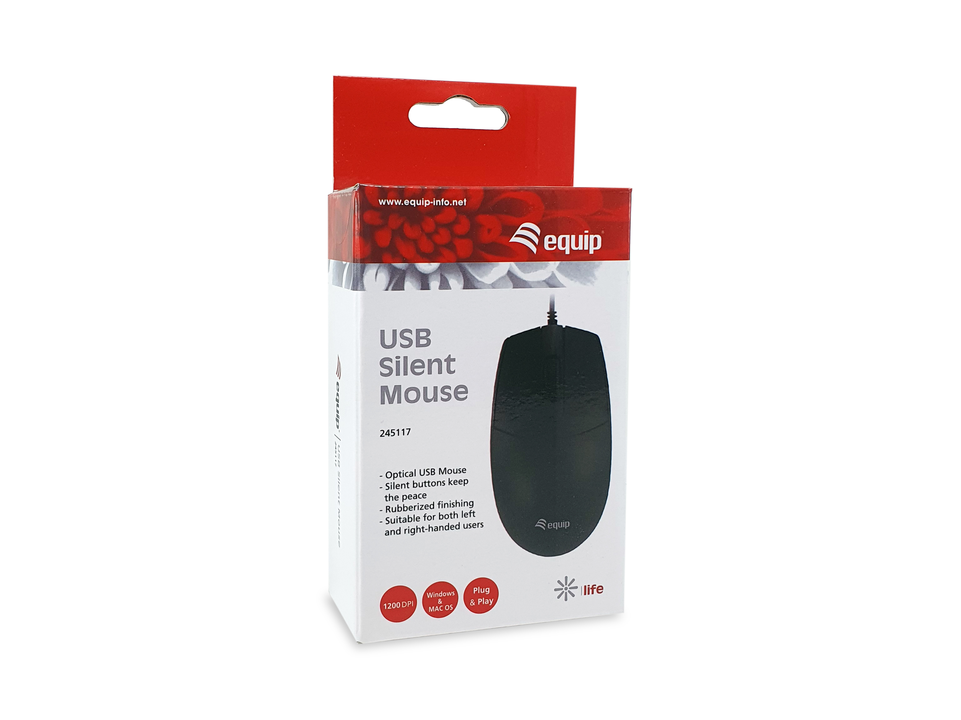 Box of a USB silent mouse. Black mouse shown on the box. White background.
