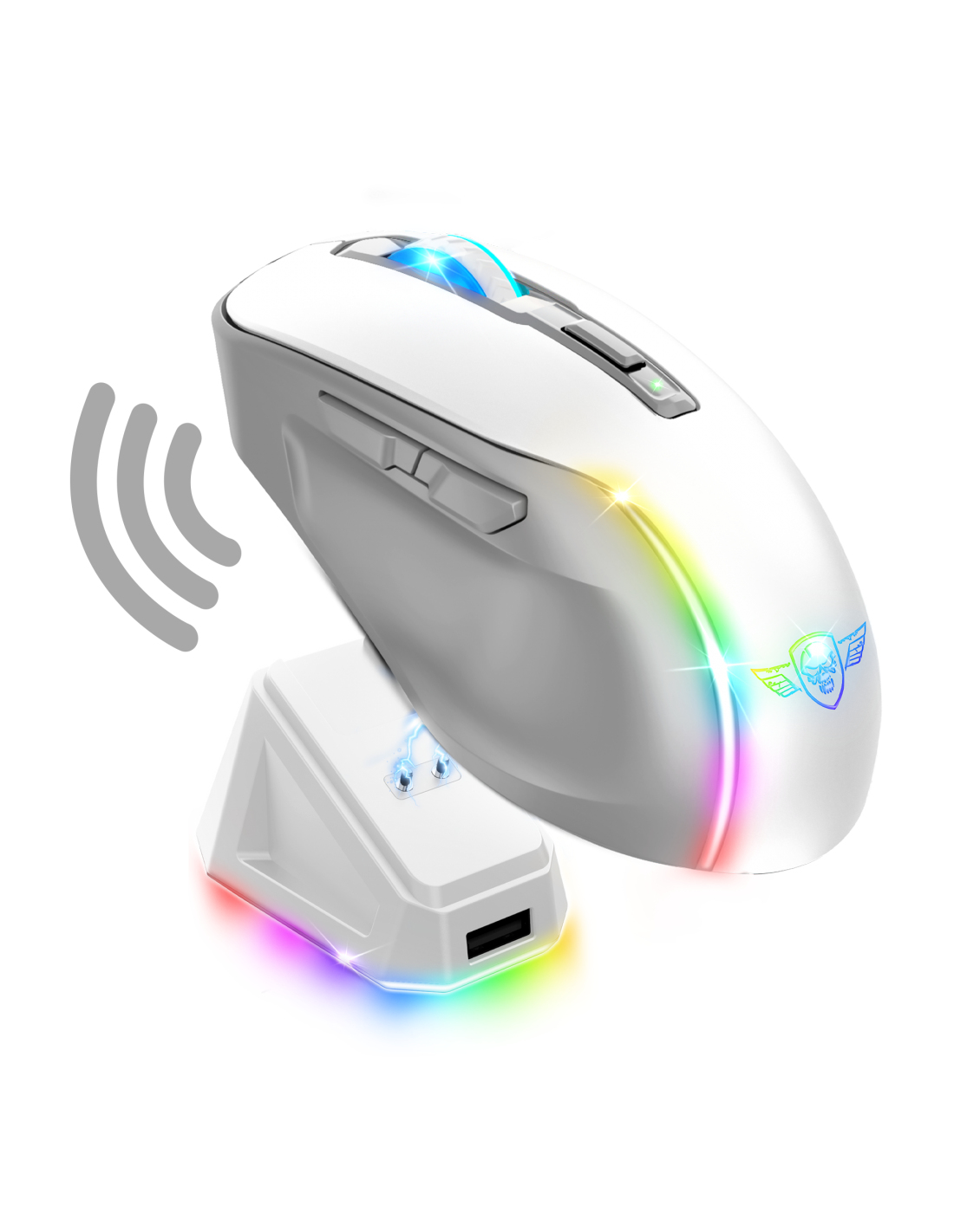 Een witte gamingmuis op een oplaadbasis, met van kleur veranderende lichten. De muis heeft een schedellogo.