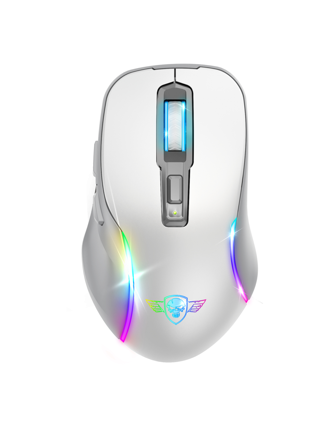 Witte gaming muis met RGB-verlichting. Met centrale lichtbalk en schedel logo.