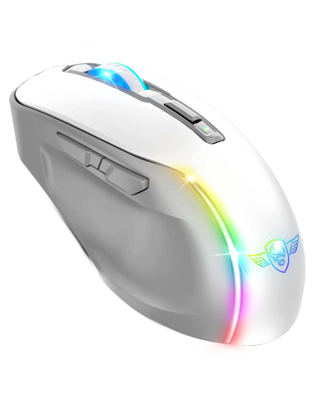 Witte gamingmuis met RGB-verlichting. Kleurrijk licht aan de zijkant. Skull-logo.
