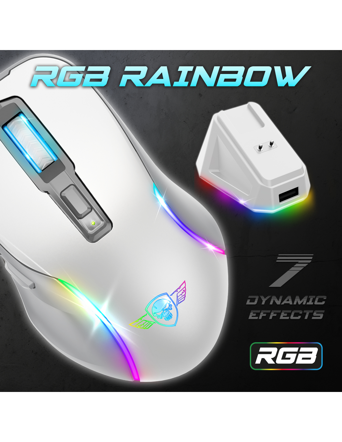 Witte gamingmuis met RGB-verlichting. Oplaadstation zichtbaar. Tekst: 'RGB RAINBOW' en 'Dynamic Effects'.